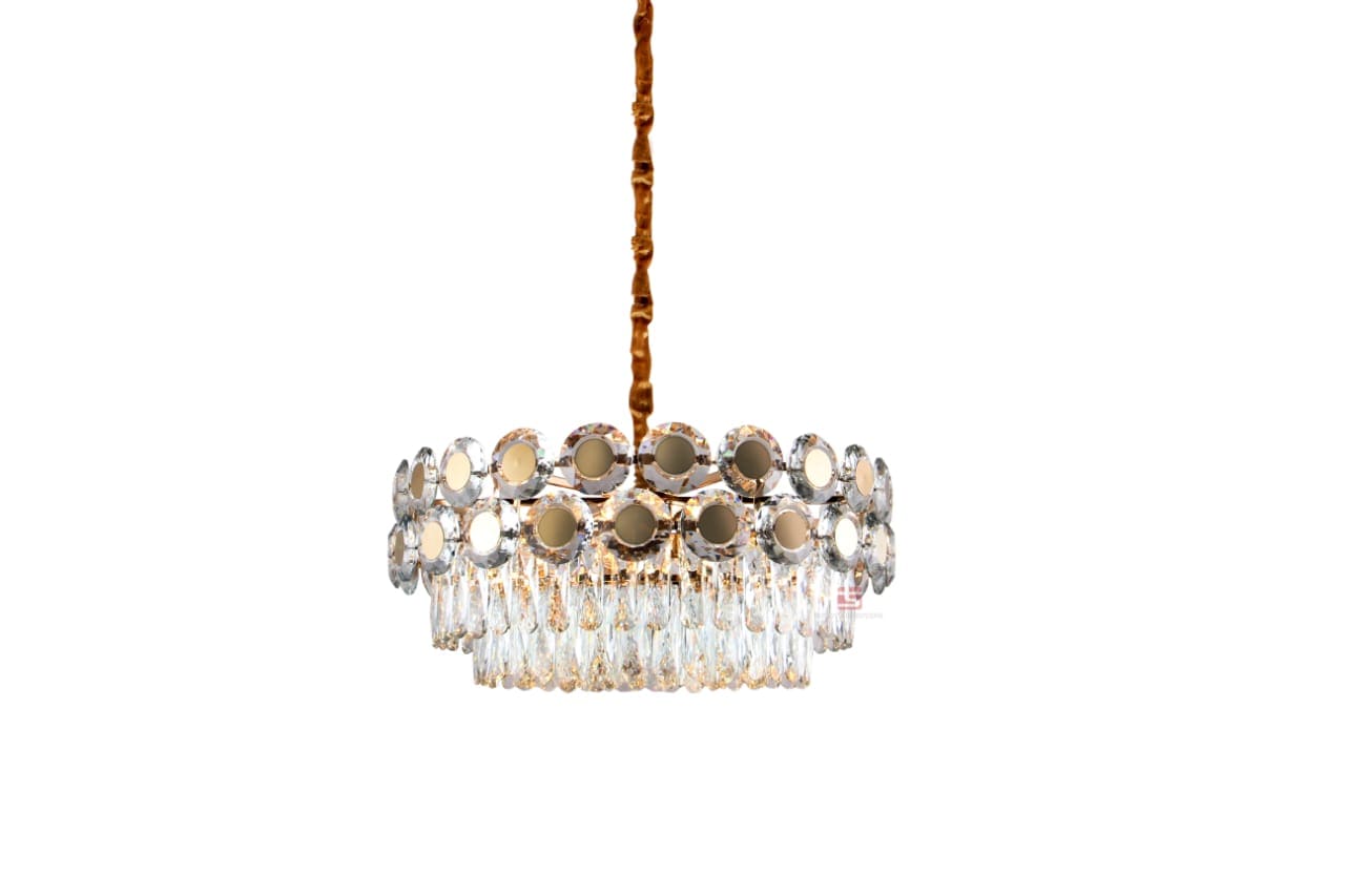 Golden crystal chandelier with a rounded crystal frame