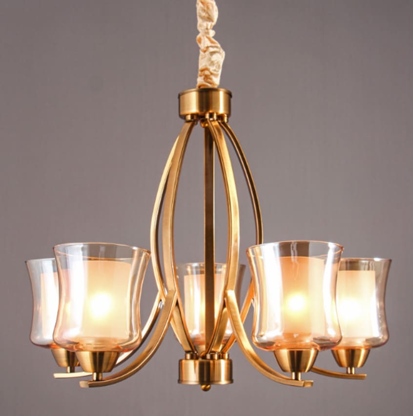 Creteil chandelier, 5 arms, Copper double glass