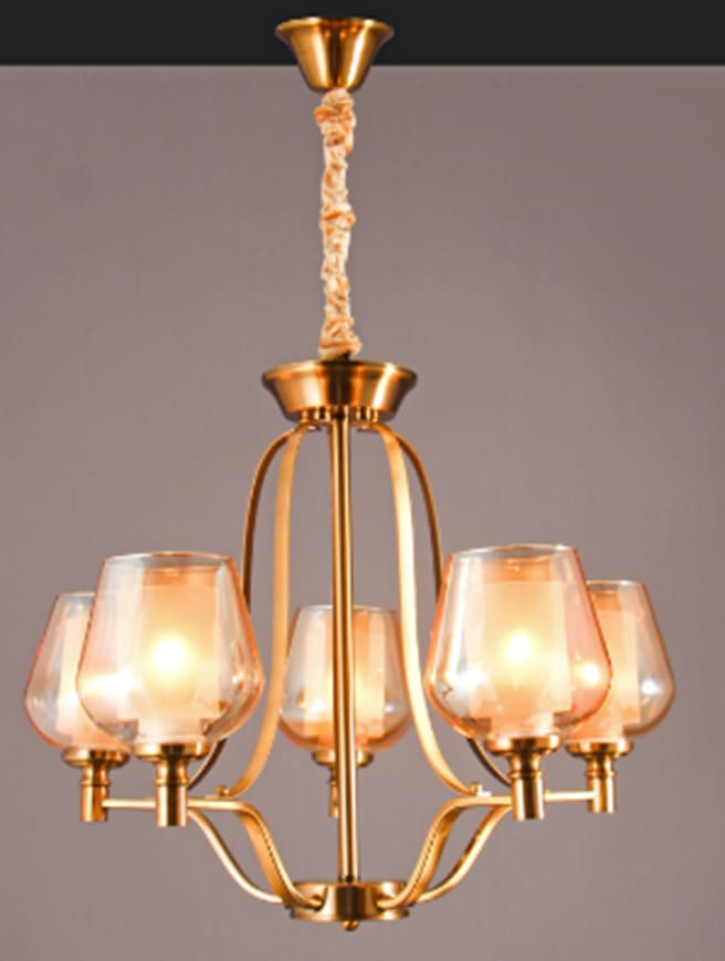 Creteil chandelier, 5 arms, Copper double glass