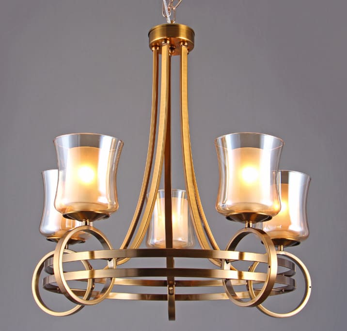 Creteil Chandelier, 5 Arms, Double Glass, Copper