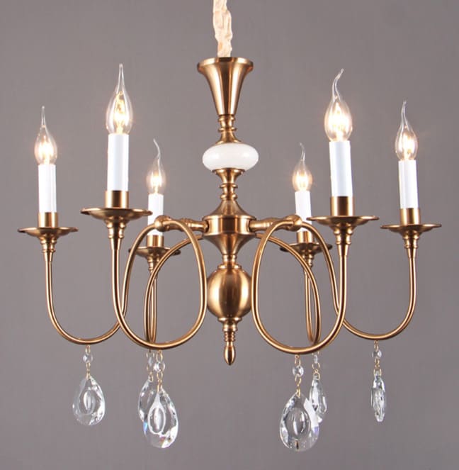 Creteil Chandelier, 6 Arms, Candle, White + Copper