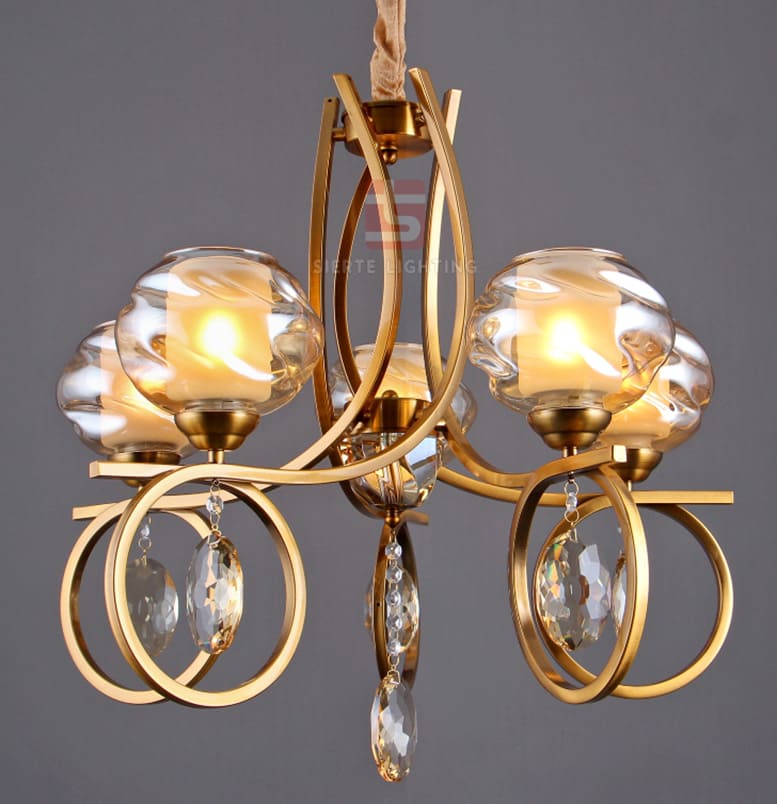 Creteil Chandeliers, double glass, 5 arms, Copper