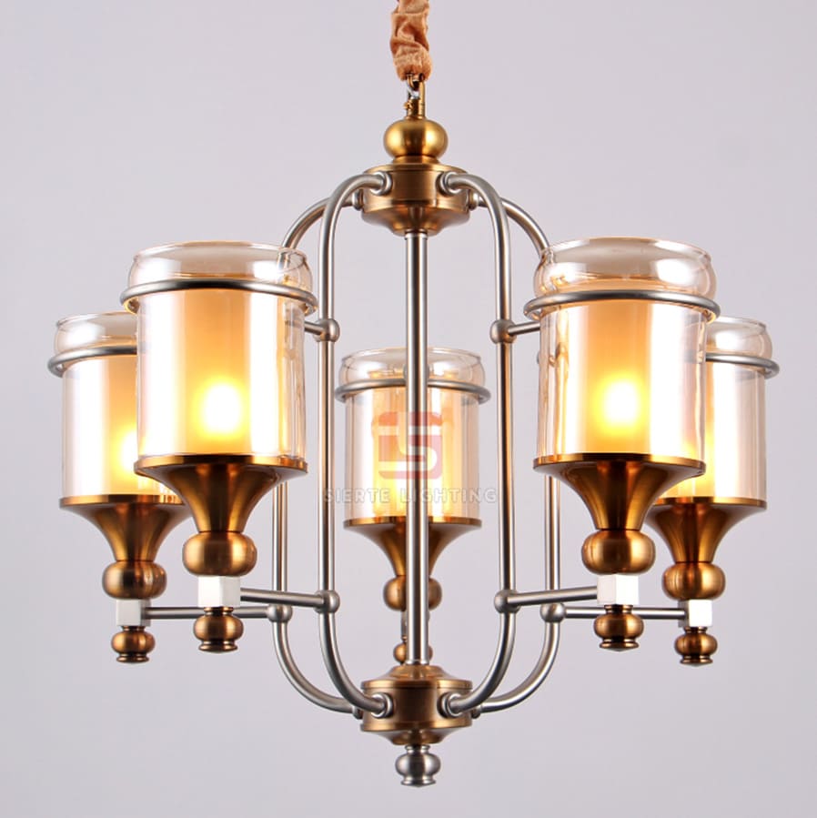 نجفة كريتال، 5 ذراع، فضي + نحاسي، زجاج