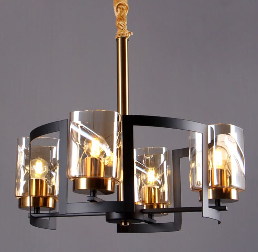 Creteil Quadruple Chandelier, Black + Gold, Honey Glass