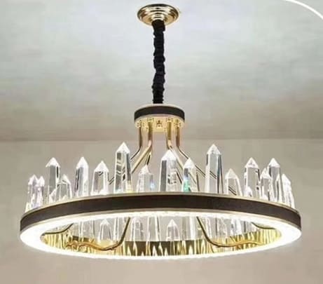 نجفة كريستال ليد ثلجي، 3 لون، اطار جلد اسود X ذهبي