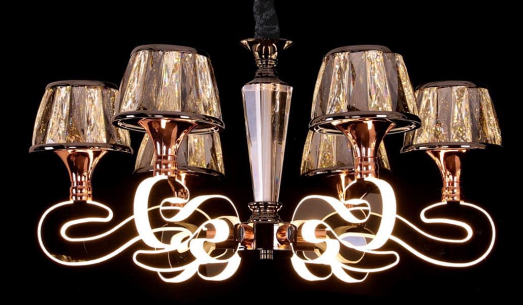 Modern Smart chandeliers, 6 crystal shields, 3 colors, with lighting levels (high and low)